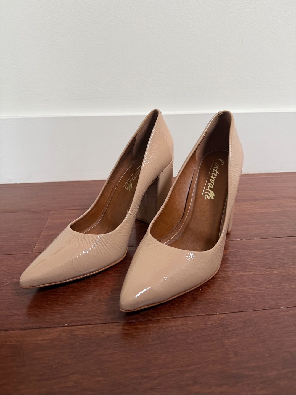 Nude Patent Pointed-Toe Block Heel Pumps